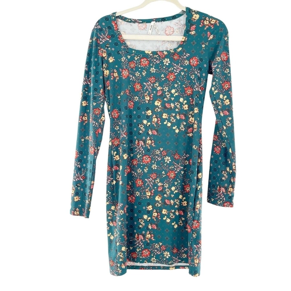 Mudd Floral Teal Long-Sleeve Dress Small Cottage Bohemian Western Festival a